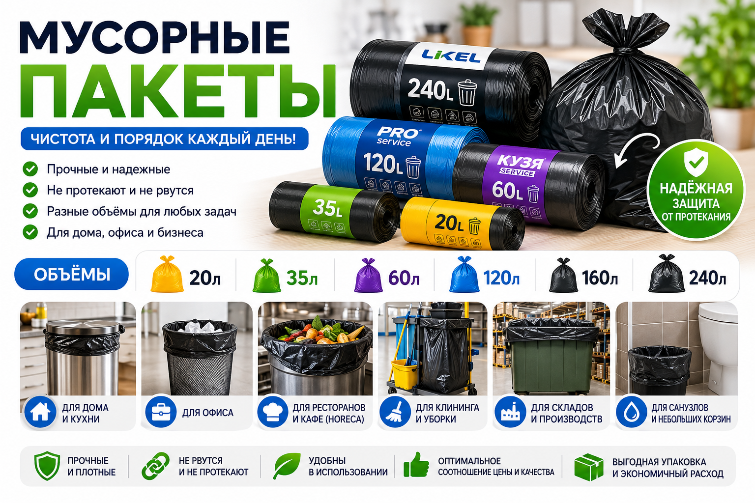 Мешки для мусора разного объема и плотности для дома, офиса, бизнеса, HoReCa и клининга. Прочные пакеты для бытовых и промышленных отходов от LIKEL.