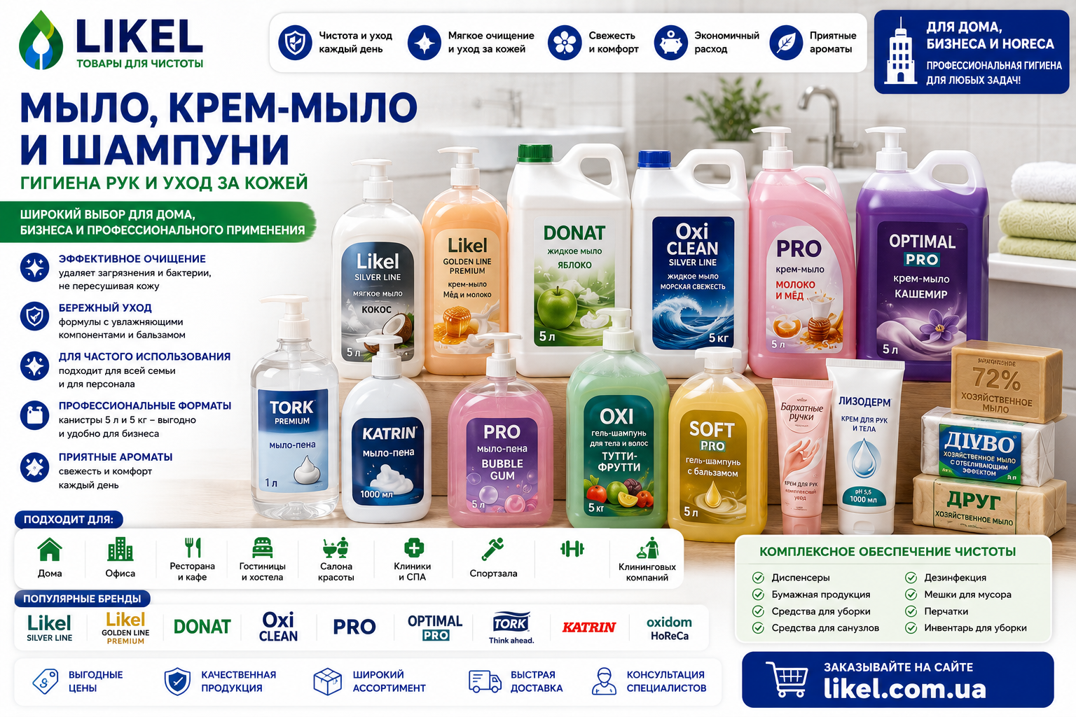 Жидкое мыло, шампуни, крем-мыло и средства для мытья рук и ухода за кожей. Очищение, увлажнение и гигиена для дома, бизнеса, HoReCa и санитарных зон от LIKEL.