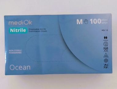 Рукавички одноразові нітріл блакитні M 100 шт. б/пудриі Ocean MEDIOK (ПДВ 7%)(10 пач/ящ) (3,8 гр)