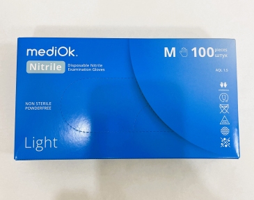 Рукавички одноразові нітріл блакитні M 100 шт. б/пудриі Light MEDIOK (ПДВ 7%)(10 пач/ящ) (2.5 гр)