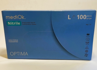 Рукавички одноразові нітріл блакитні L 100 шт. б/пудриі Optima MEDIOK (ПДВ 7%)(20 пач/ящ) (3.3 гр)