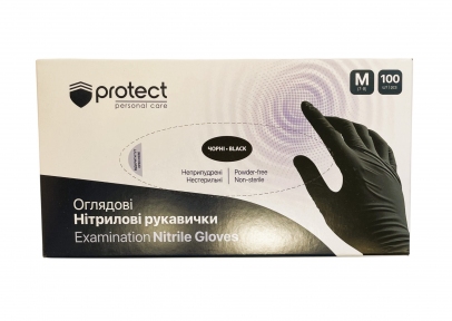 Рукавички одноразові нітрил чорні М 100 шт б/ пудри Protect (ПДВ 7%)(10 пач/ящ)(3.5 гр)
