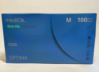 Рукавички одноразові нітріл блакитні M 100 шт. б/пудриі Optima MEDIOK (ПДВ 7%)(20 пач/ящ) (3.3 гр)
