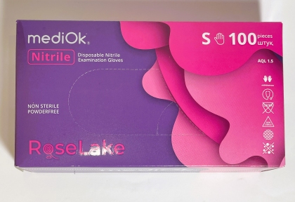 Рукавички одноразові нітрил рожевий S 100 шт. б/ пудри Rose Lake MEDIOK (ПДВ 7%)(10 пач/ящ) (3,5 гр)