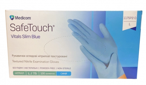 Рукавички одноразові нітрил сині L 100 шт б/пудри SafeTouch VitalsSlimBlue(ПДВ 7%)(10 пач/ящ)(3 гр)
