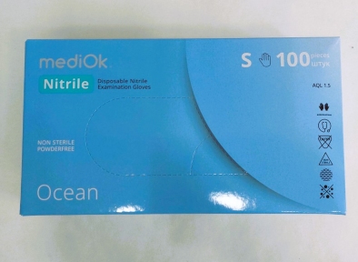 Рукавички одноразові нітріл блакитні S 100 шт. б/пудриі Ocean MEDIOK (ПДВ 7%)(10 пач/ящ) (3,8 гр)