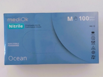 Рукавички одноразові нітріл блакитні M 100 шт. б/пудриі Ocean MEDIOK (ПДВ 7%)(10 пач/ящ) (3,8 гр)