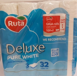 Туалетний папір Ruta Pure White Deluxe. 3 -шар. біла 160 отрив. (32 рул. пач.)