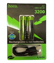 Пальчиковий акумулятор Li-Ion, AA, 860mAh, 1.5V, USB-C, HOCO JA3, Зелений 2 шт
